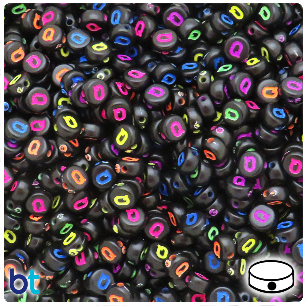 Black Opaque 7mm Coin Alpha Beads - Colored Letter Q (100pcs)