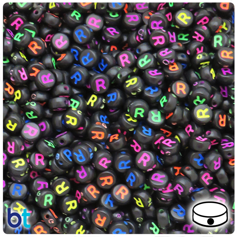 Black Opaque 7mm Coin Alpha Beads - Colored Letter R (100pcs)