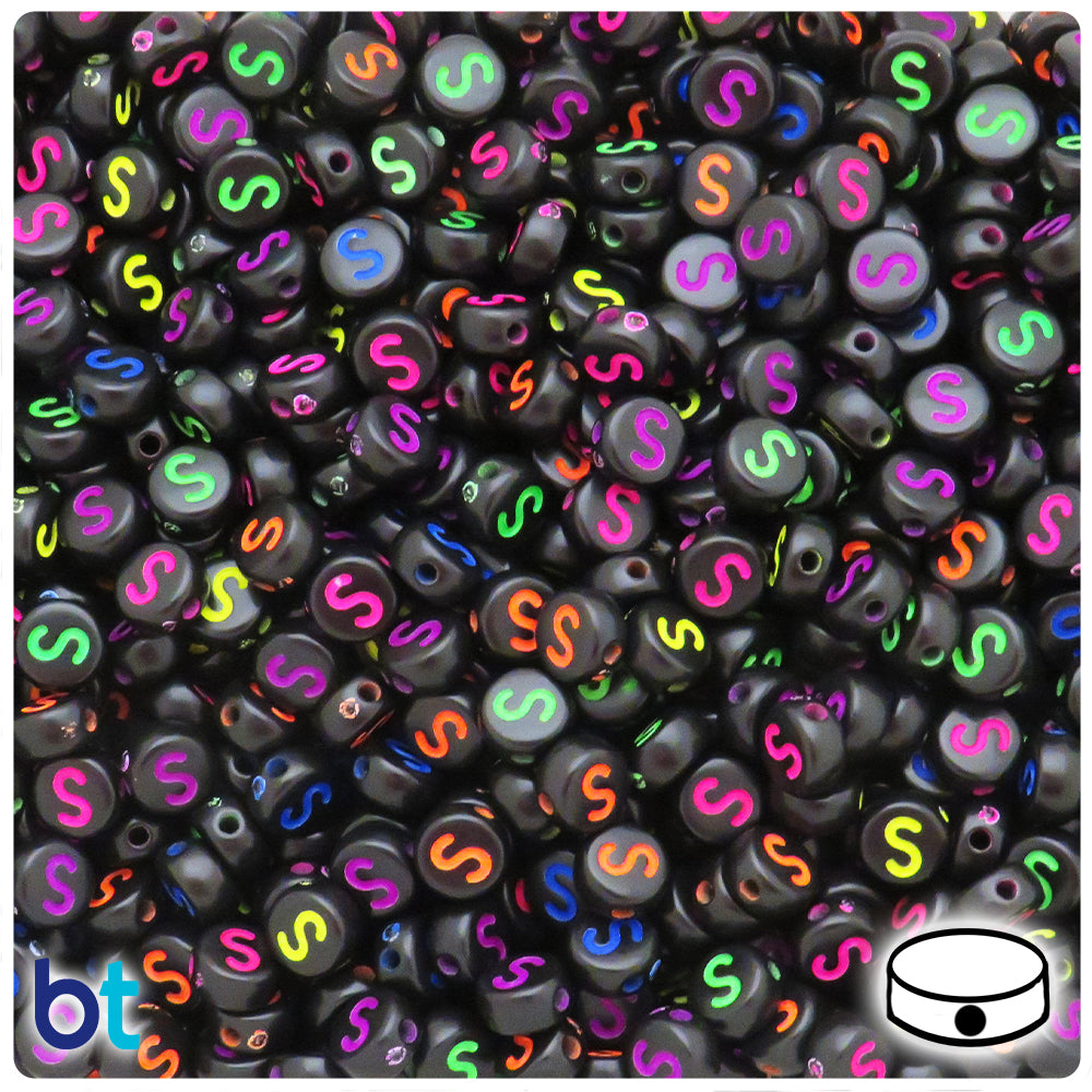 Black Opaque 7mm Coin Alpha Beads - Colored Letter S (100pcs)