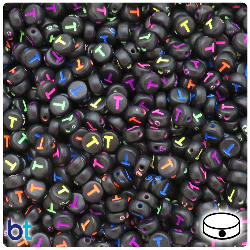 Black Opaque 7mm Coin Alpha Beads - Colored Letter T (100pcs)
