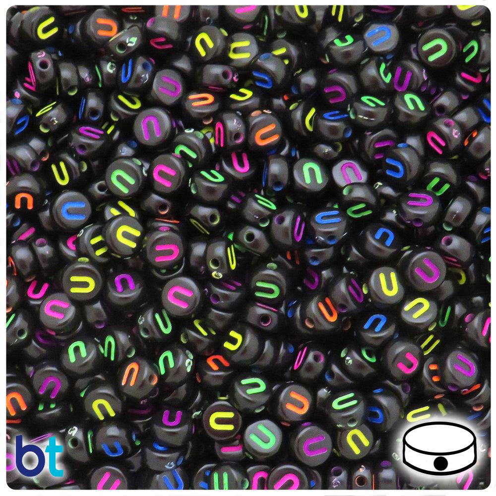 Black Opaque 7mm Coin Alpha Beads - Colored Letter U (100pcs)