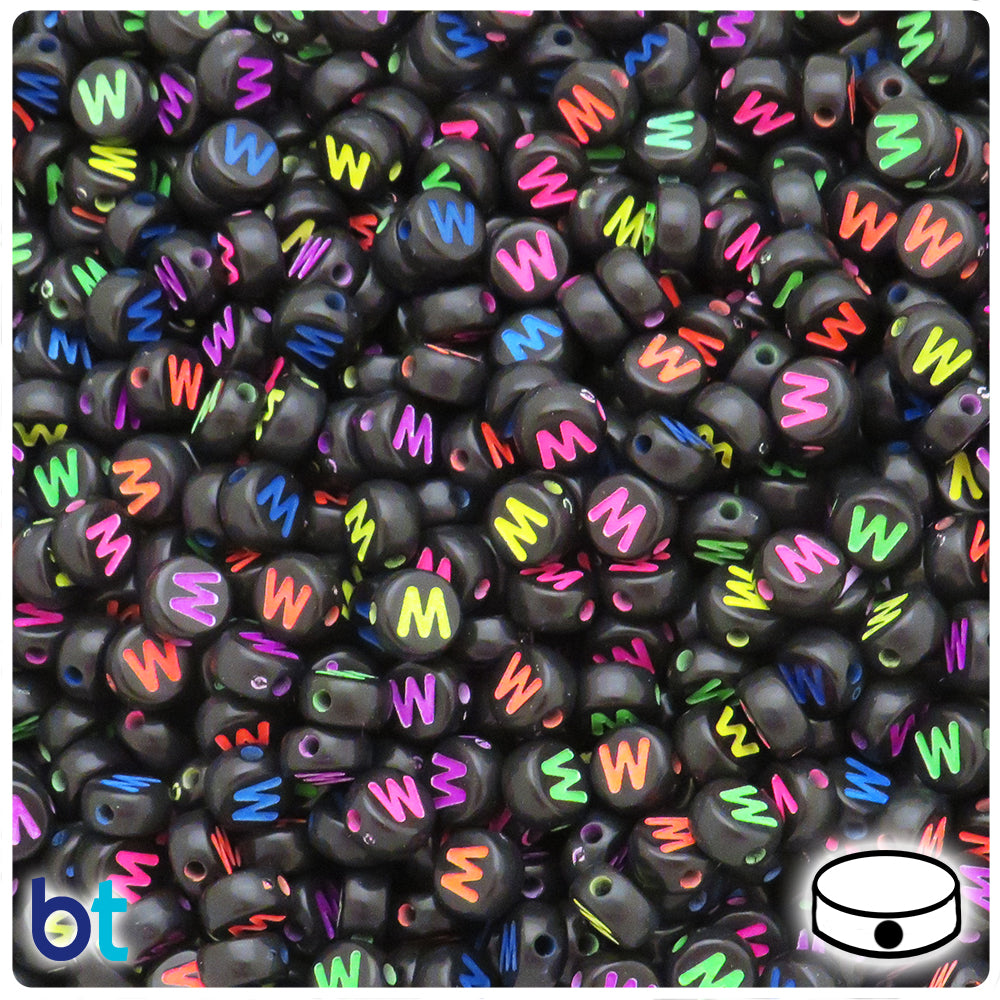 Black Opaque 7mm Coin Alpha Beads - Colored Letter W (100pcs)