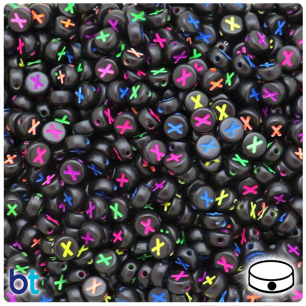Black Opaque 7mm Coin Alpha Beads - Colored Letter X (100pcs)