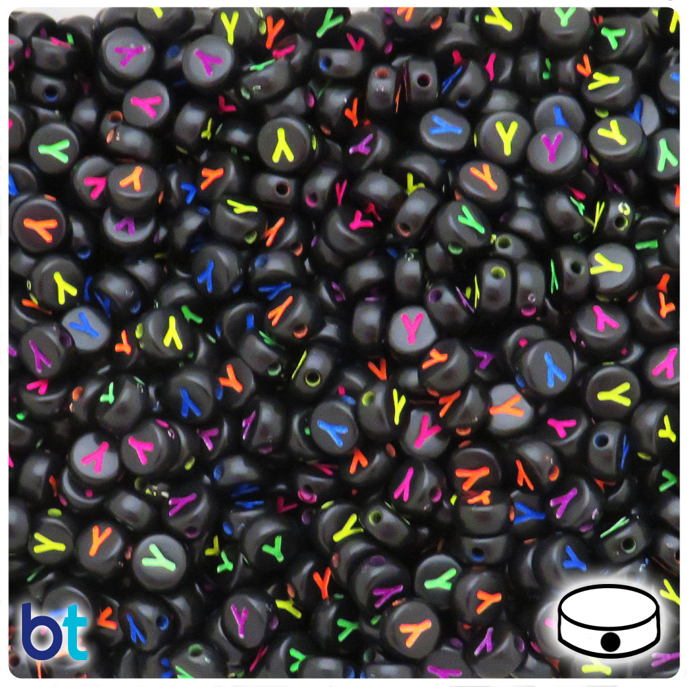 Black Opaque 7mm Coin Alpha Beads - Colored Letter Y (100pcs)
