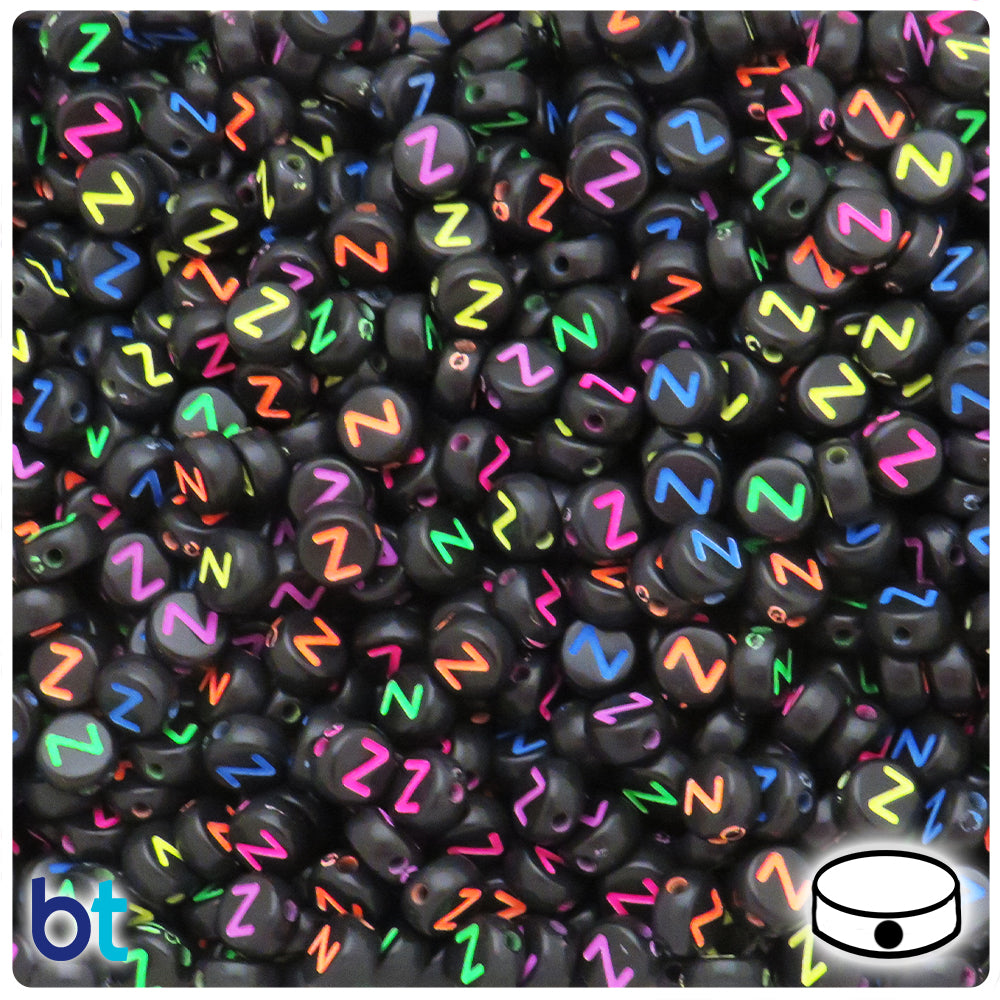 Black Opaque 7mm Coin Alpha Beads - Colored Letter Z (100pcs)