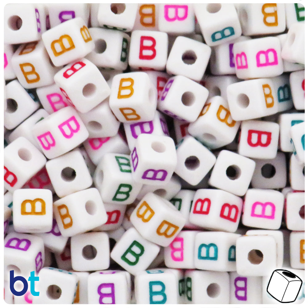 White Opaque 10mm Cube Alpha Beads - Colored Letter B (20pcs)