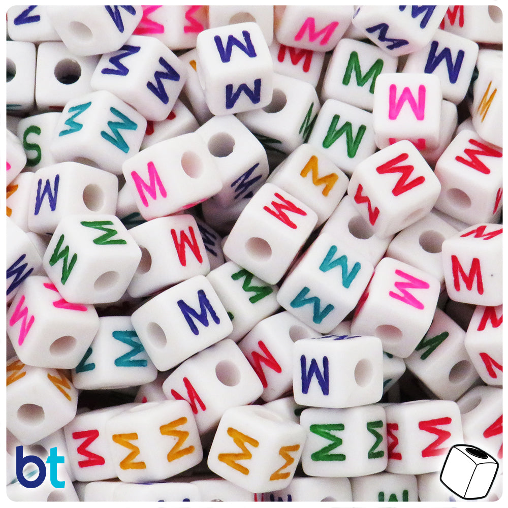 White Opaque 10mm Cube Alpha Beads - Colored Letter M (20pcs)