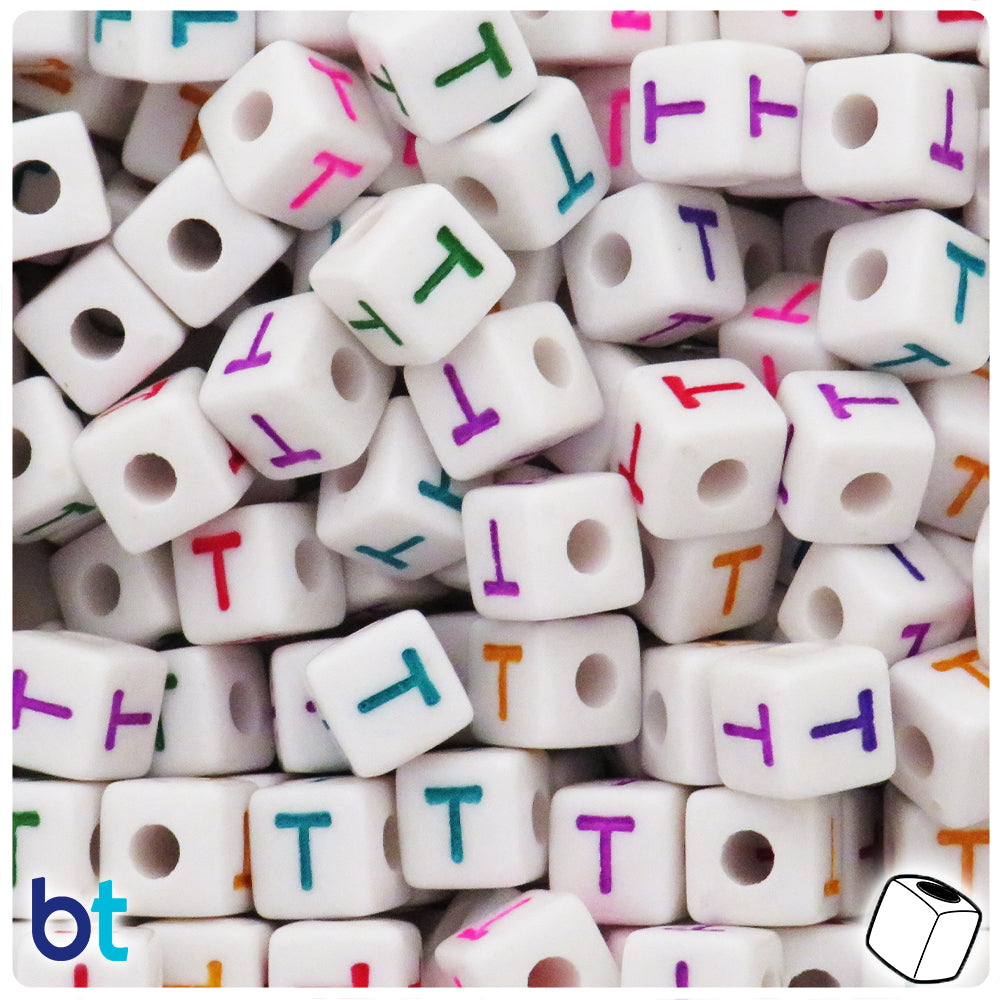 Bulk Buy - White Opaque 10mm Cube Plastic Alpha Beads - Colored Letters