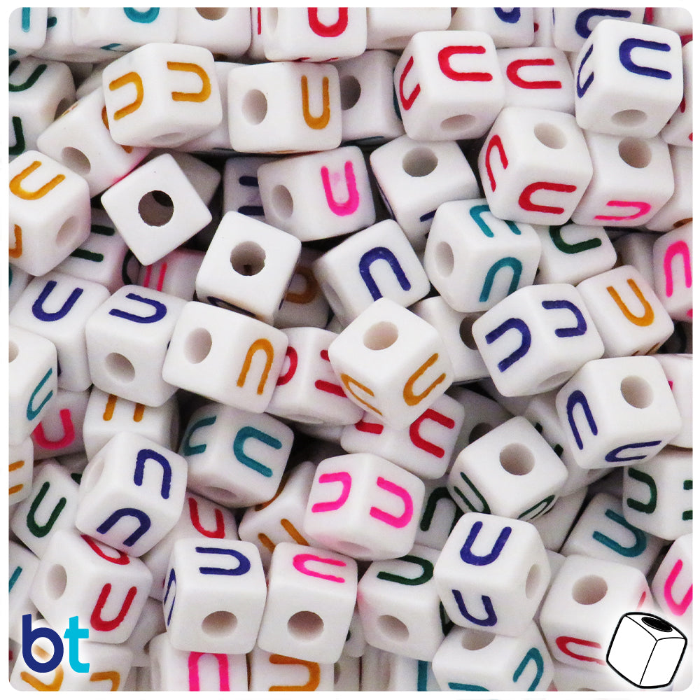 Bulk Buy - White Opaque 10mm Cube Plastic Alpha Beads - Colored Letters