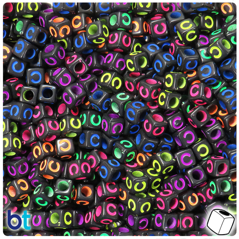 Black Opaque 6mm Cube Alpha Beads - Colored Letter C (80pcs)
