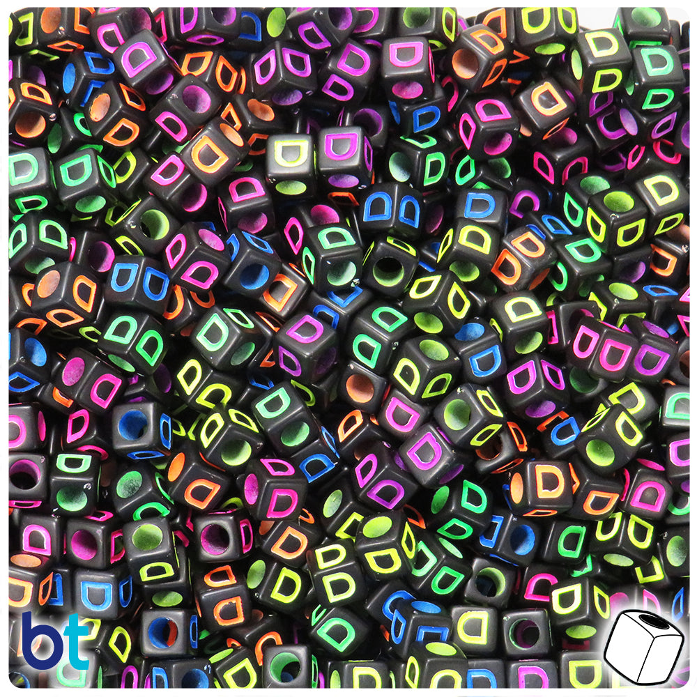 Black Opaque 6mm Cube Alpha Beads - Colored Letter D (80pcs)