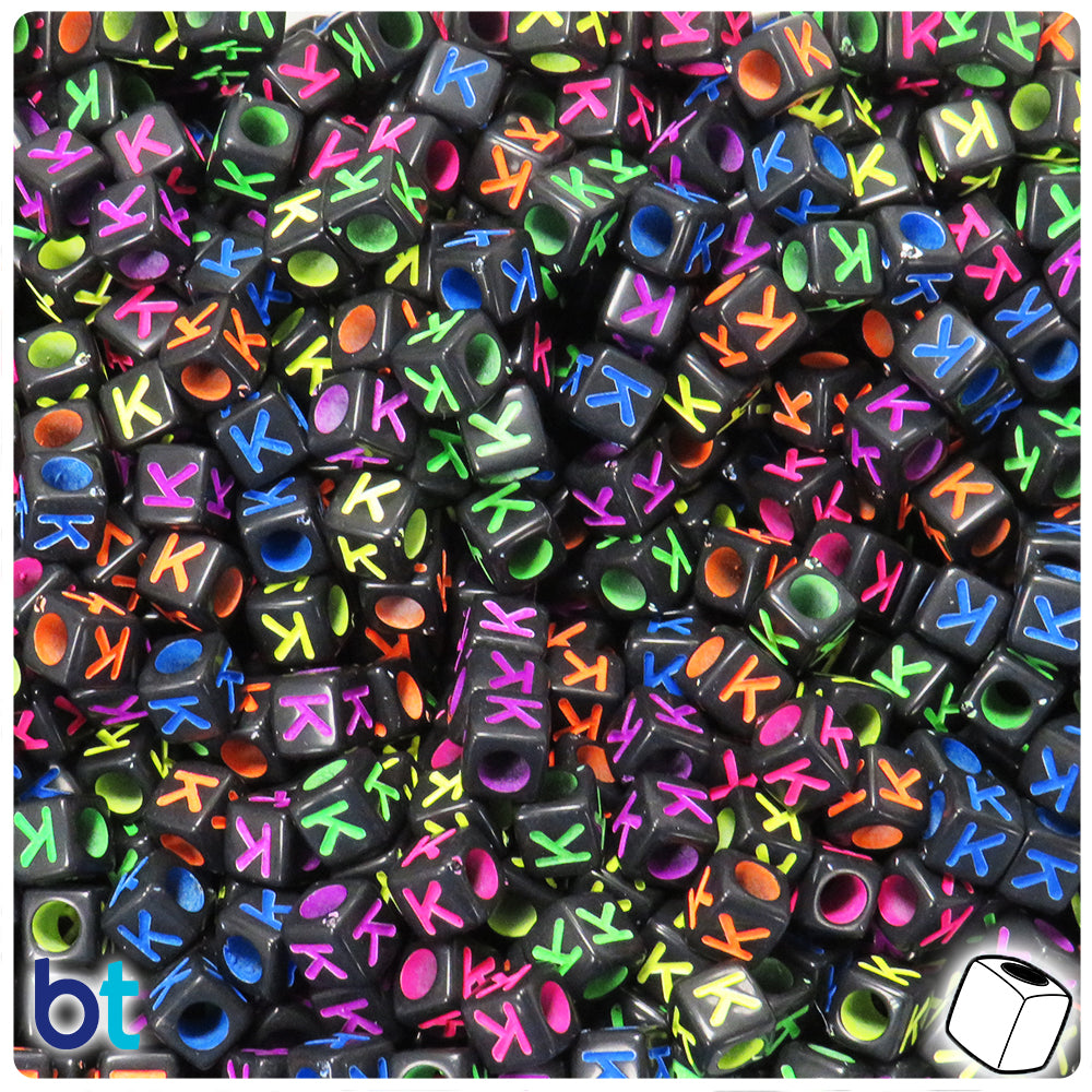 Black Opaque 6mm Cube Alpha Beads - Colored Letter K (80pcs)