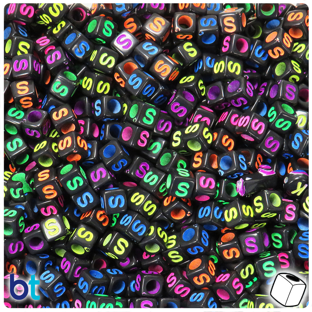 Black Opaque 6mm Cube Alpha Beads - Colored Letter S (80pcs)