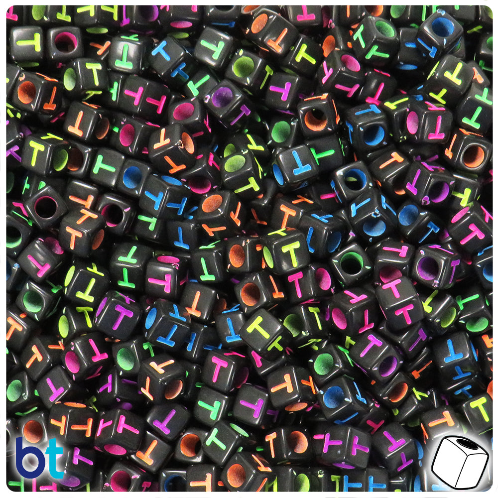 Black Opaque 6mm Cube Alpha Beads - Colored Letter T (80pcs)