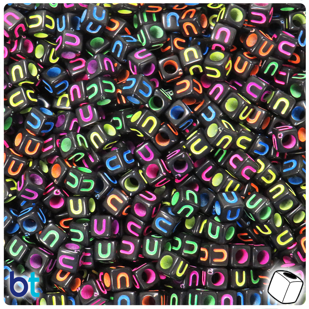 Black Opaque 6mm Cube Alpha Beads - Colored Letter U (80pcs)