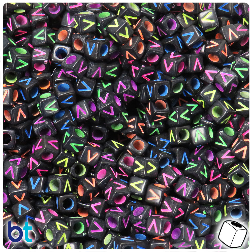 Black Opaque 6mm Cube Alpha Beads - Colored Letter V (80pcs)