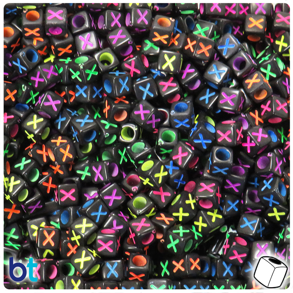 Black Opaque 6mm Cube Alpha Beads - Colored Letter X (80pcs)