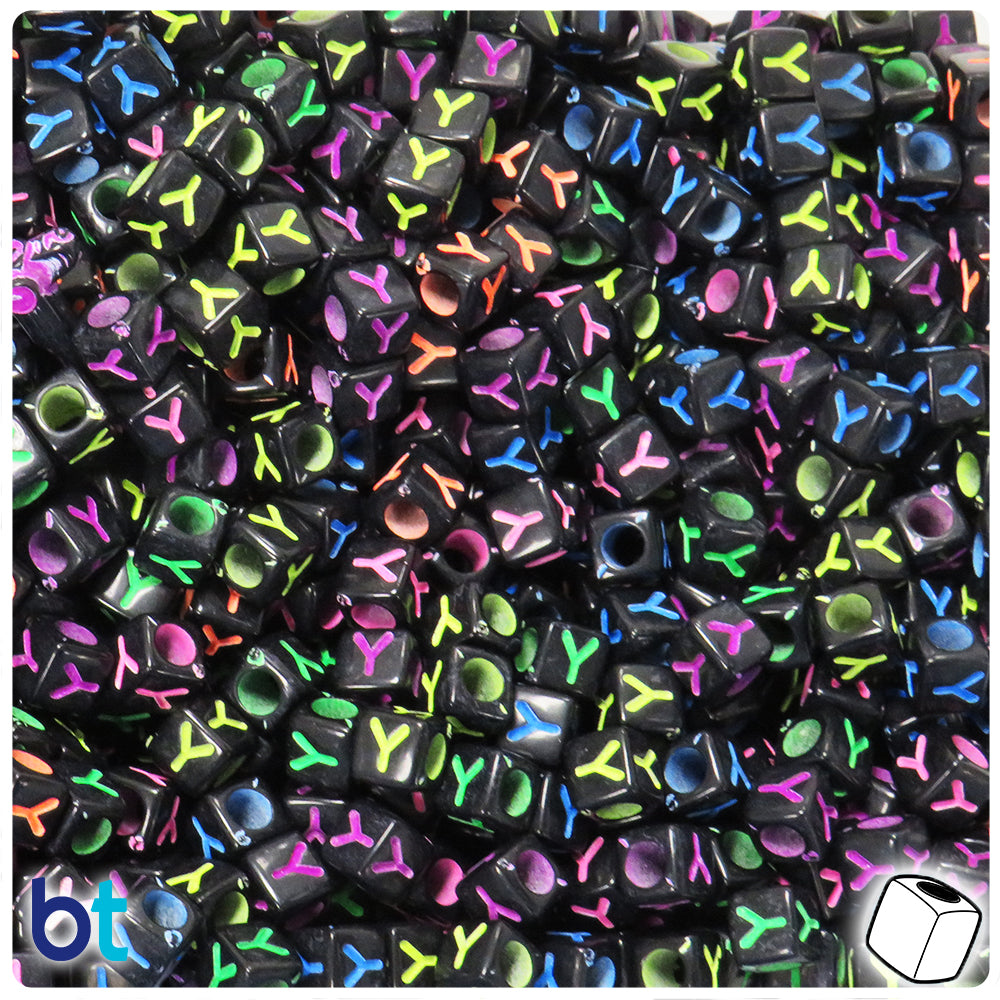 Black Opaque 6mm Cube Alpha Beads - Colored Letter Y (80pcs)