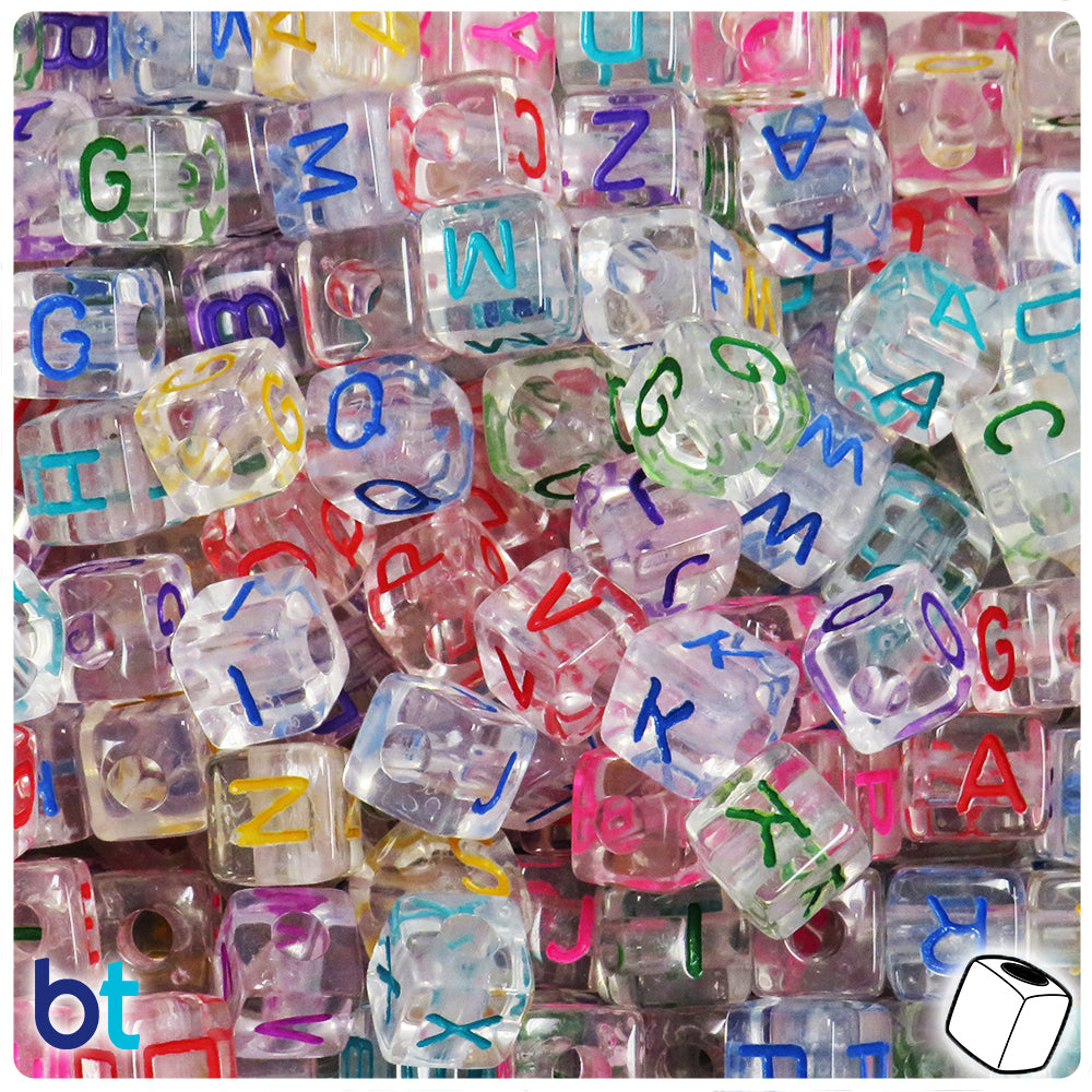 Clear Transparent 10mm Cube Alpha Beads - Colored Letter Mix (100pcs)