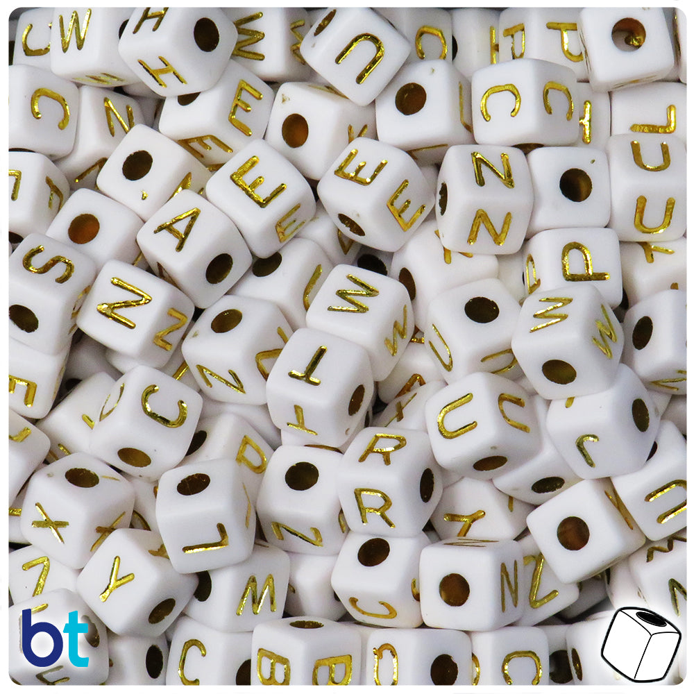 White Opaque 10mm Cube Alpha Beads - Gold Letter Mix (100pcs)