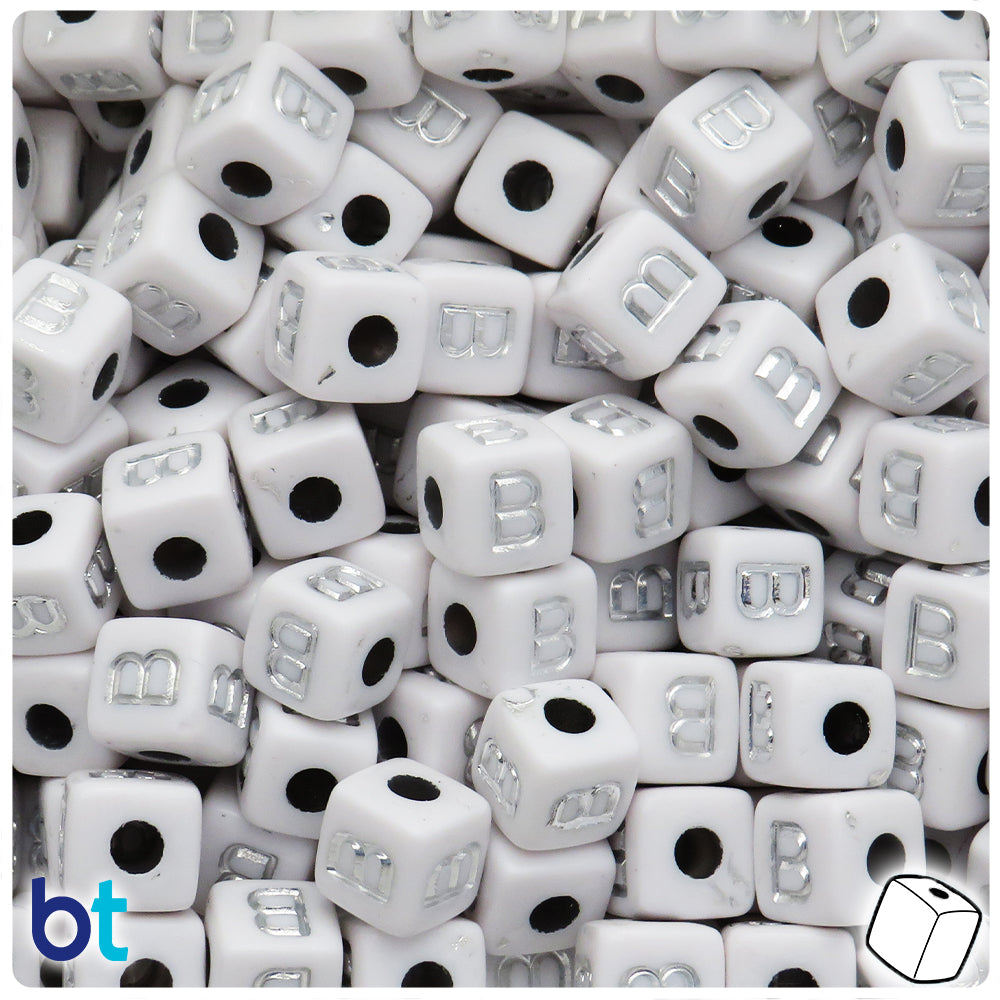 White Opaque 10mm Cube Alpha Beads - Silver Letter B (20pcs)