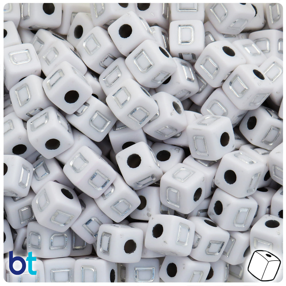 White Opaque 10mm Cube Alpha Beads - Silver Letter D (20pcs)