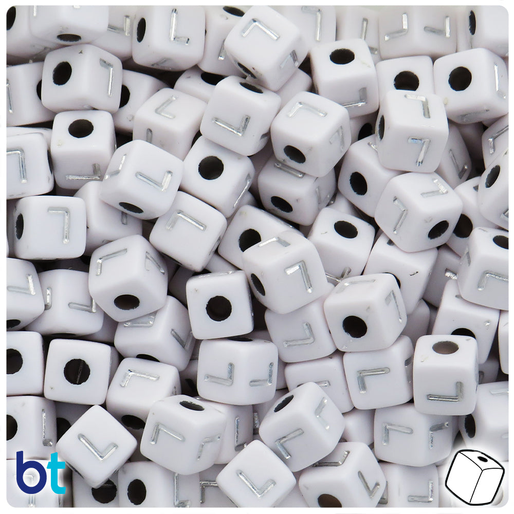 White Opaque 10mm Cube Alpha Beads - Silver Letter L (20pcs)