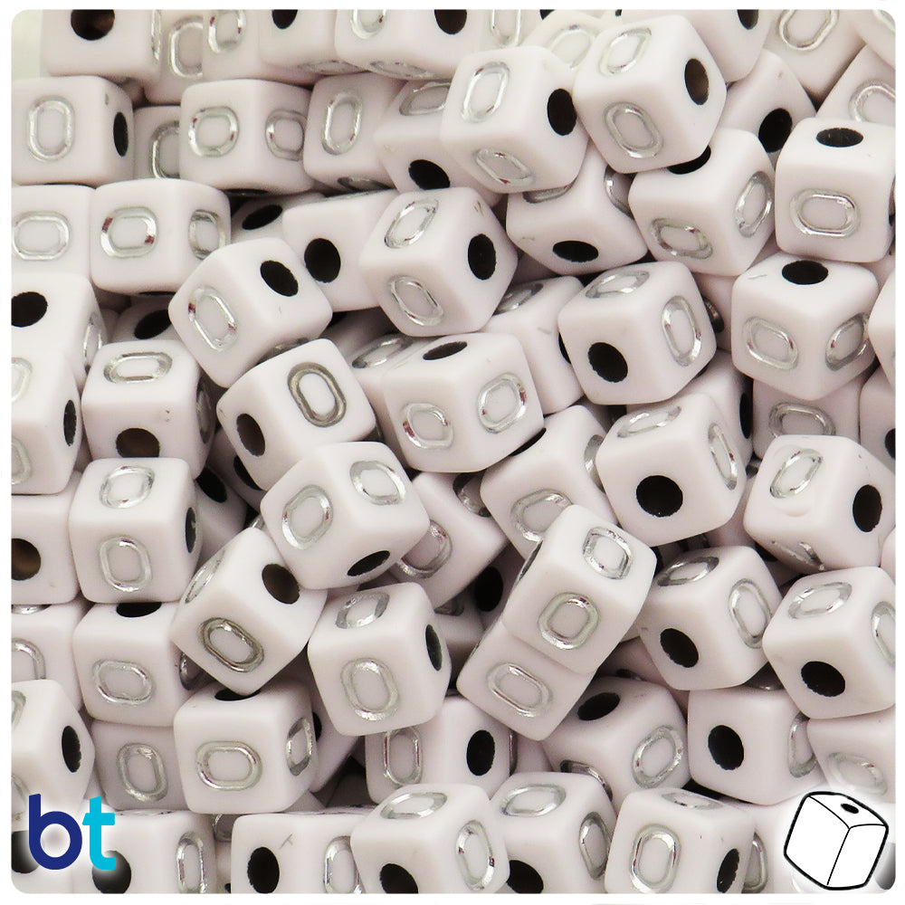 White Opaque 10mm Cube Alpha Beads - Silver Letter O (20pcs)