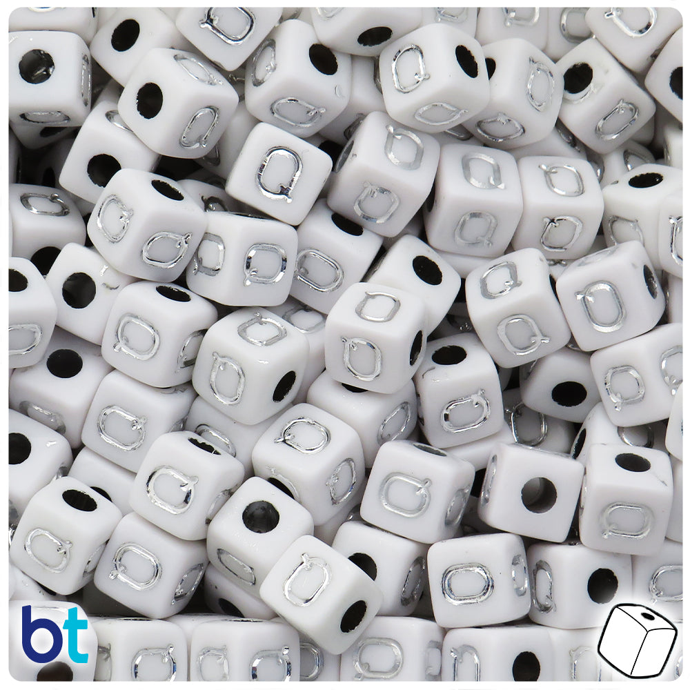 White Opaque 10mm Cube Alpha Beads - Silver Letter Q (20pcs)