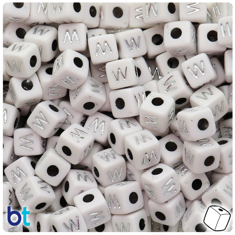 White Opaque 10mm Cube Alpha Beads - Silver Letter W (20pcs)