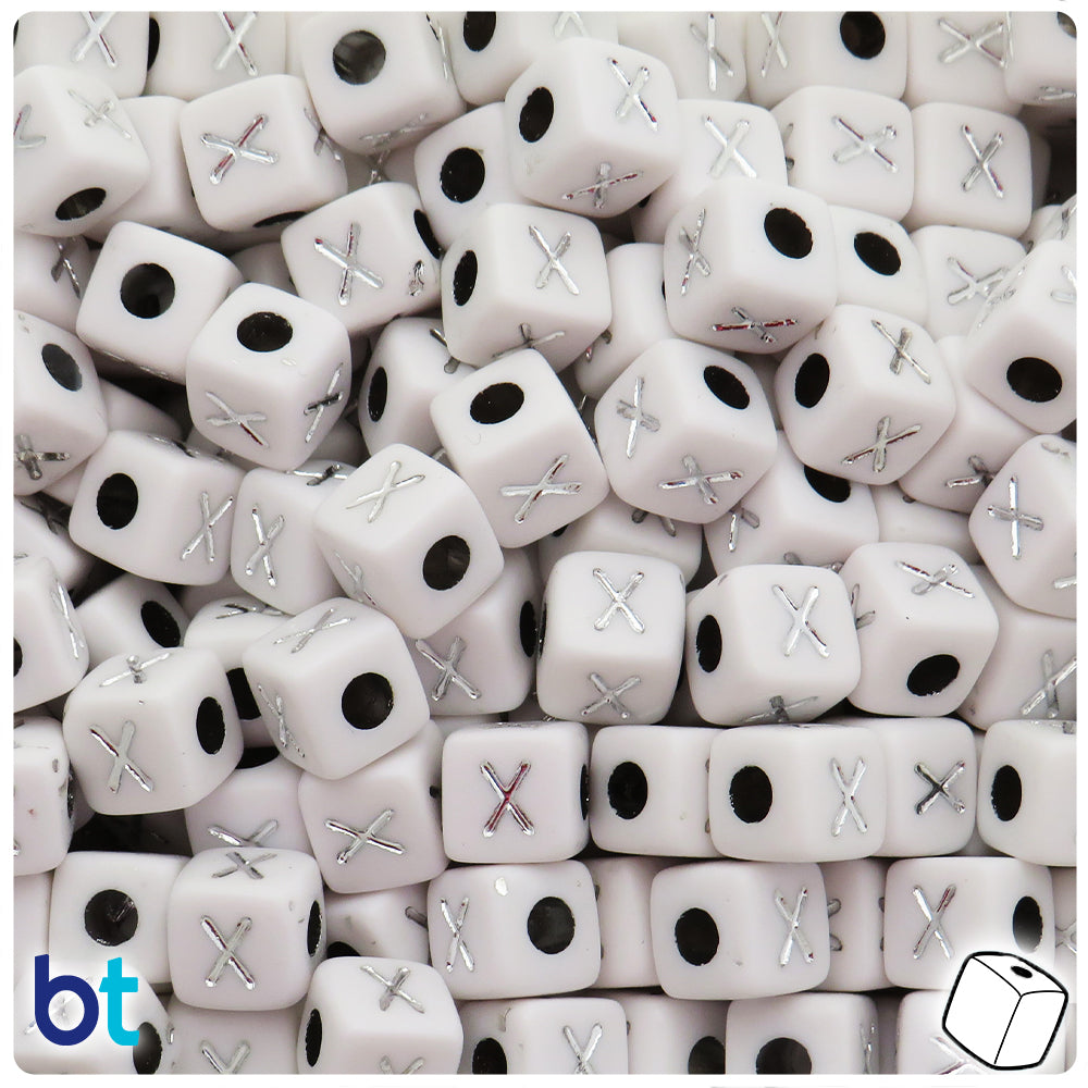 White Opaque 10mm Cube Alpha Beads - Silver Letter X (20pcs)
