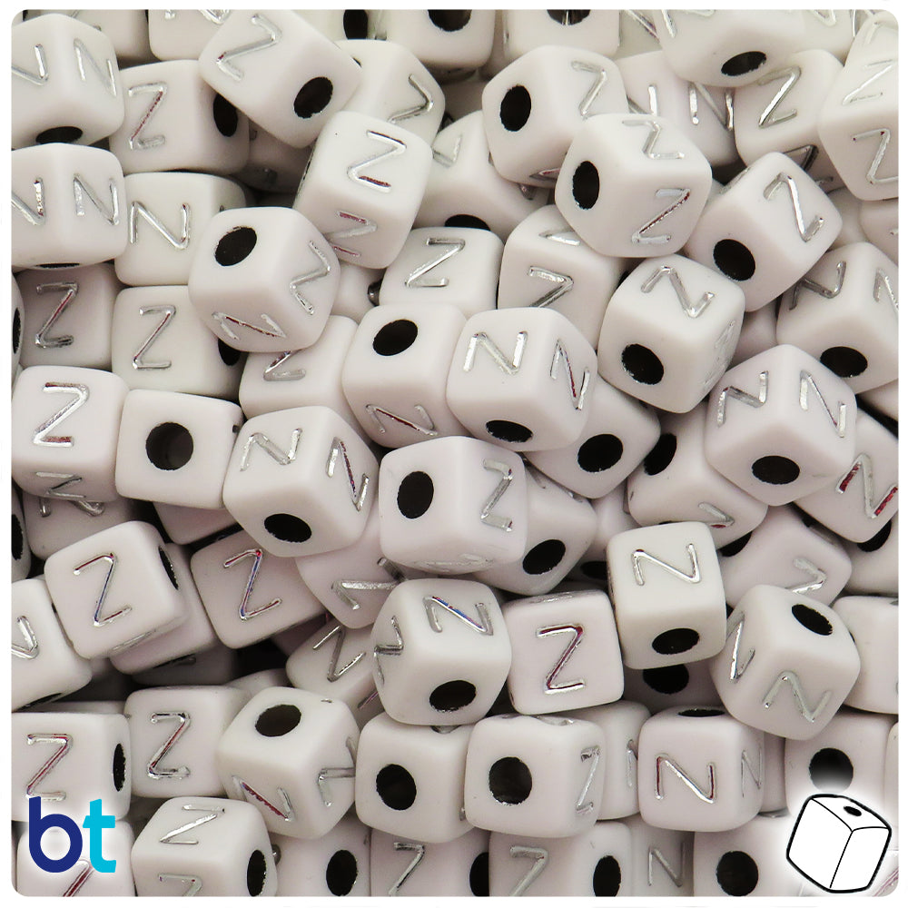 White Opaque 10mm Cube Alpha Beads - Silver Letter Z (20pcs)