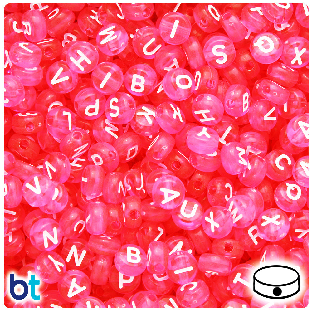 Dark Pink Transparent 7mm Coin Alpha Beads - White Letter Mix (250pcs)