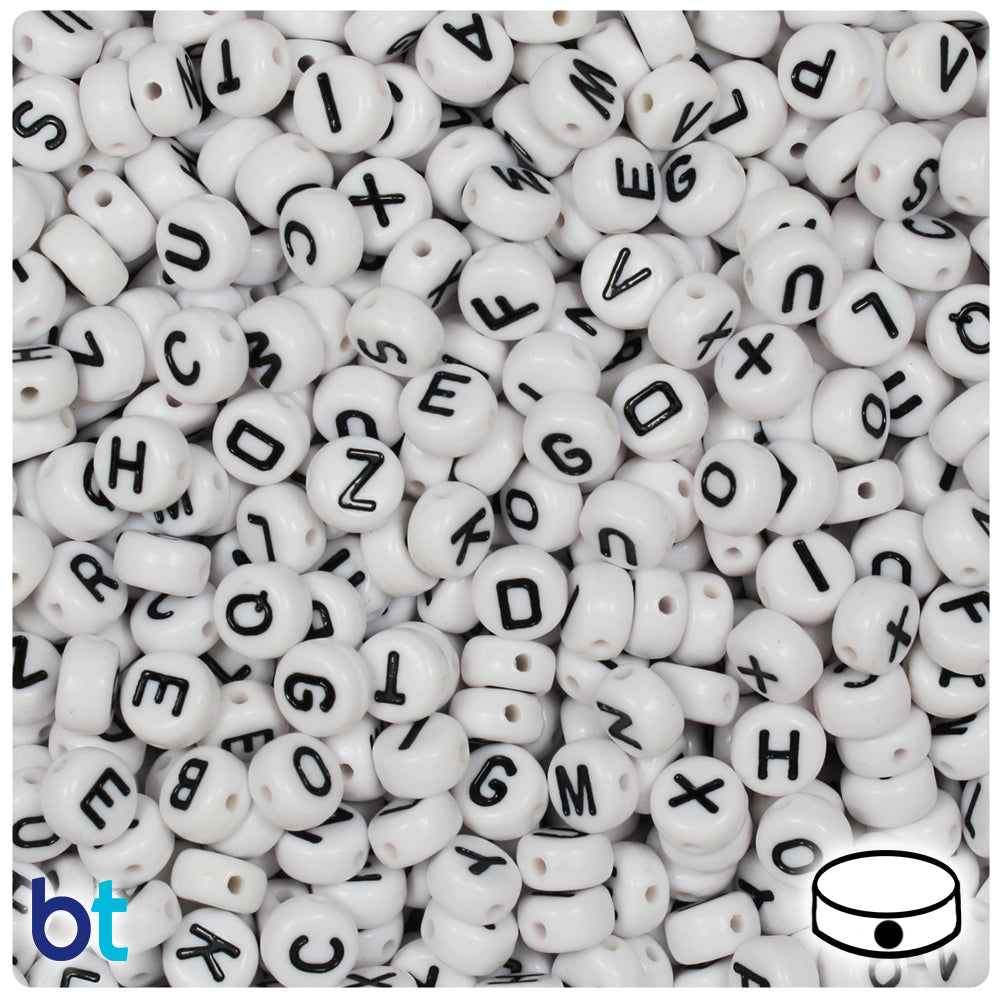 White Opaque 7mm Coin Alpha Beads - Black Letter Mix (250pcs)
