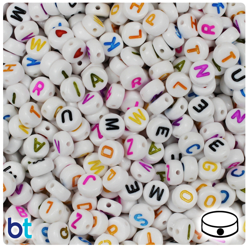 Bulk Buy - White Opaque 7mm Coin Plastic Alpha Beads - Colored Letters