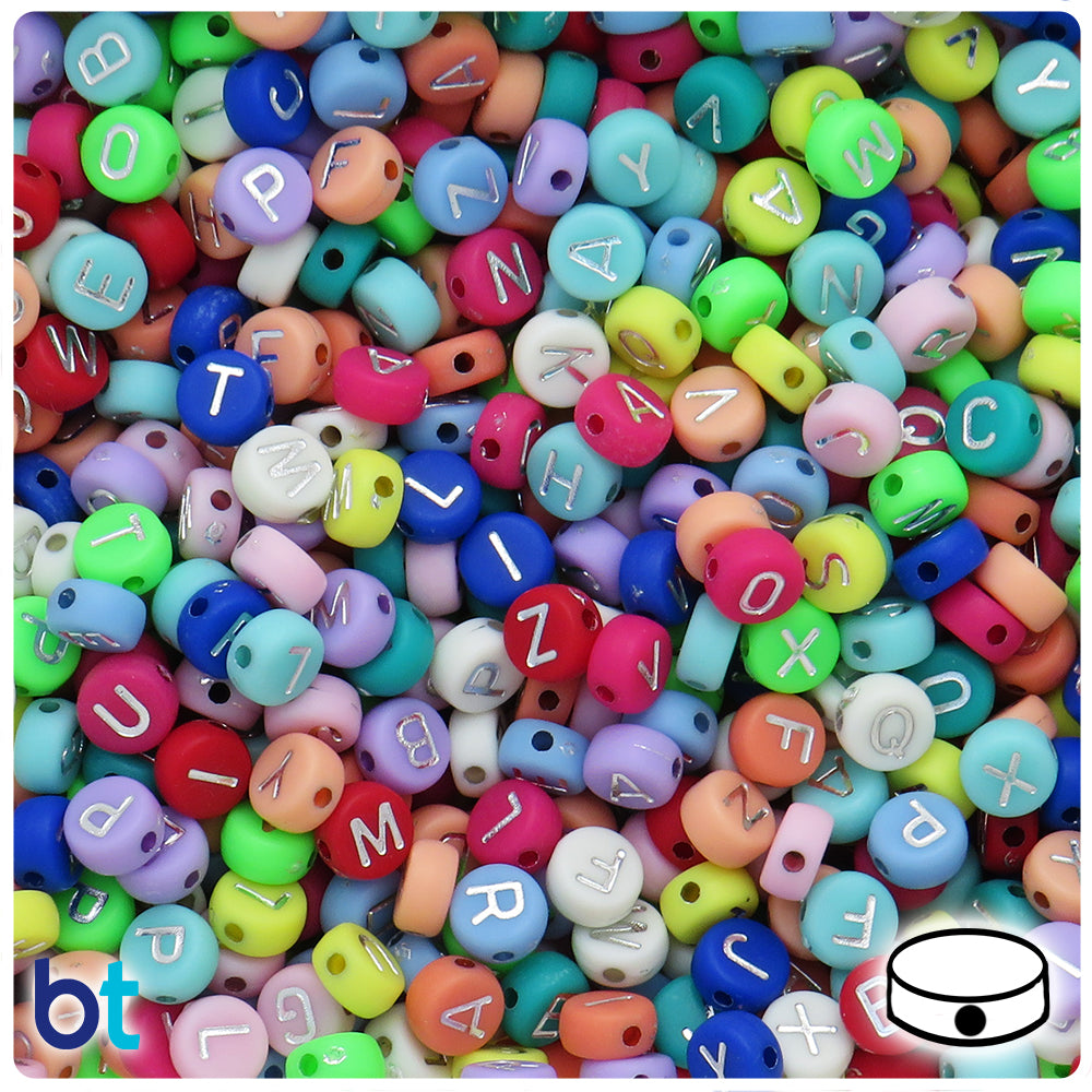 Mixed Opaque 7mm Coin Alpha Beads - Silver Letter Mix (250pcs)