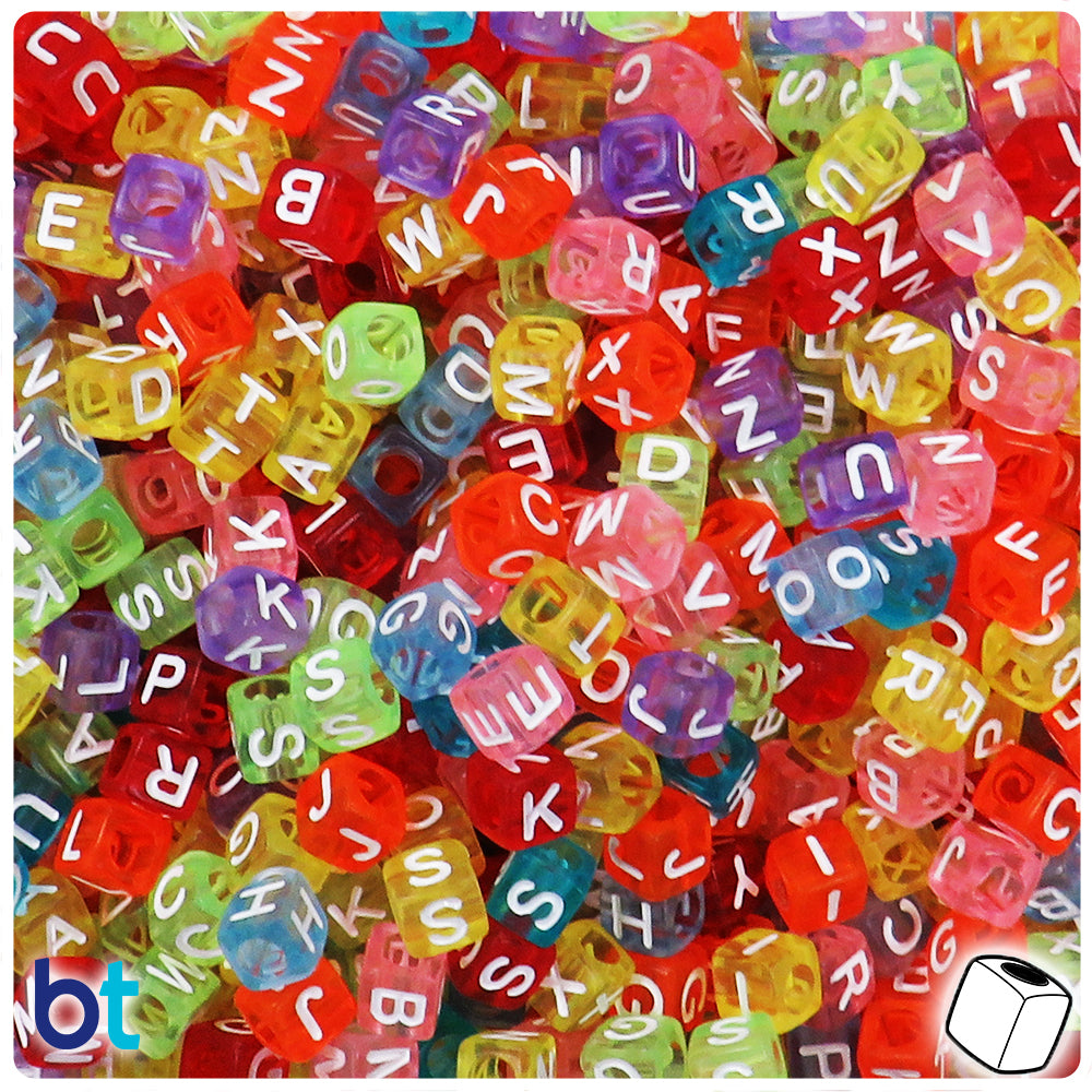 Alphabet Beads, Assorted Letters, 6mm Cube, Transparent Mult