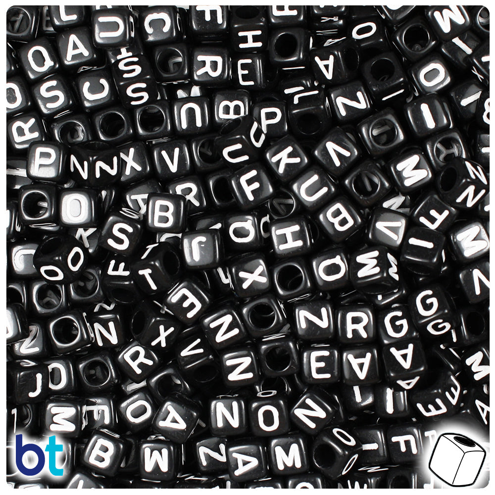 Bulk Buy - Black Opaque 6mm Cube Plastic Alpha Beads - White Letters