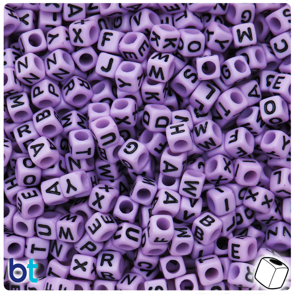 Light Purple Opaque 6mm Cube Alpha Beads - Black Letter Mix (200pcs)