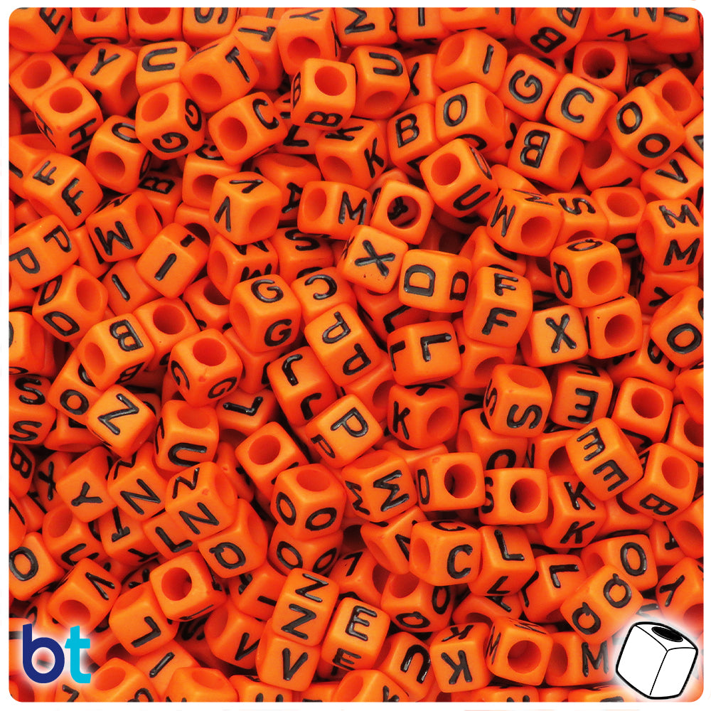 Orange Opaque 6mm Cube Alpha Beads - Black Letter Mix (200pcs)
