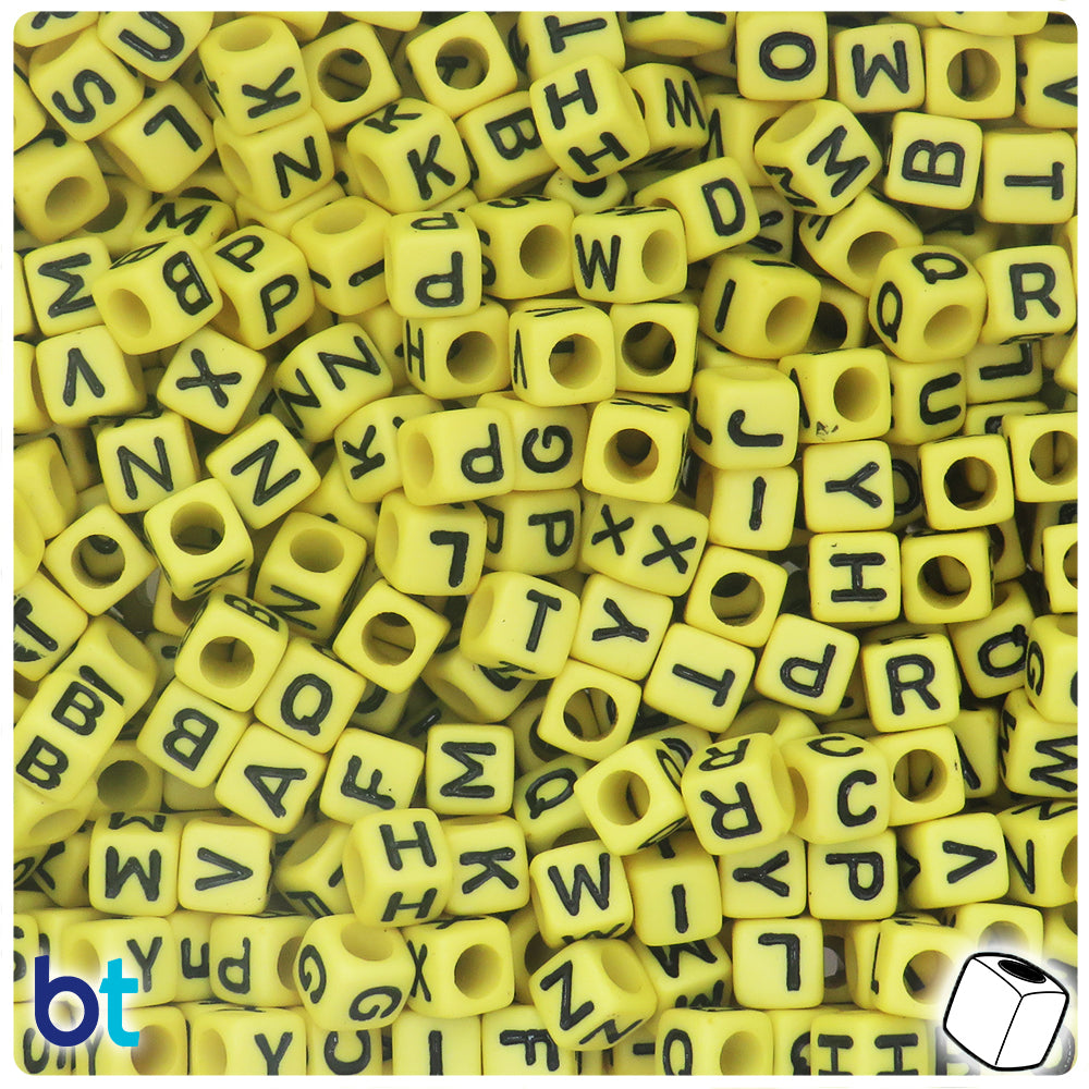 Yellow Opaque 6mm Cube Alpha Beads - Black Letter Mix (200pcs)