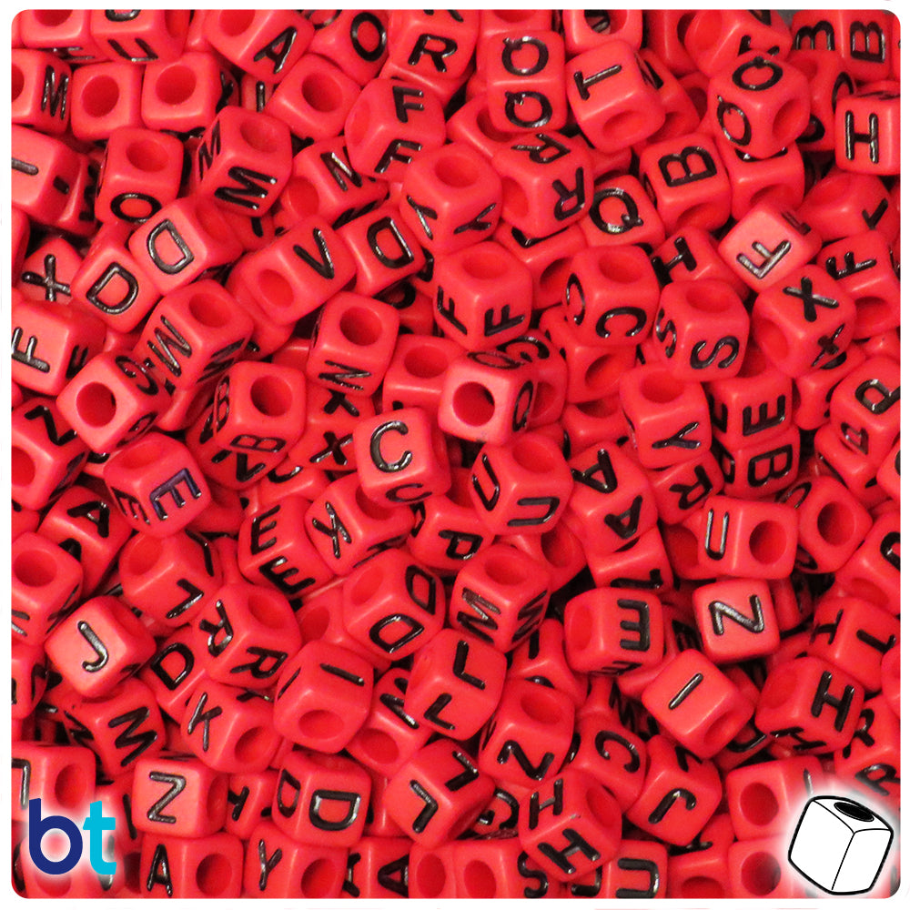 Red Opaque 7mm Cube Alpha Beads - Black Letter Mix (200pcs)