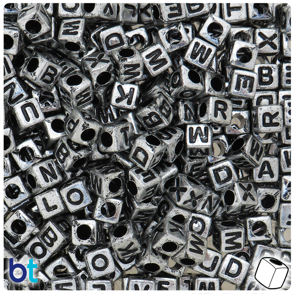 Silver Metallic 7mm Cube Alpha Beads - Black Letter Mix (200pcs)
