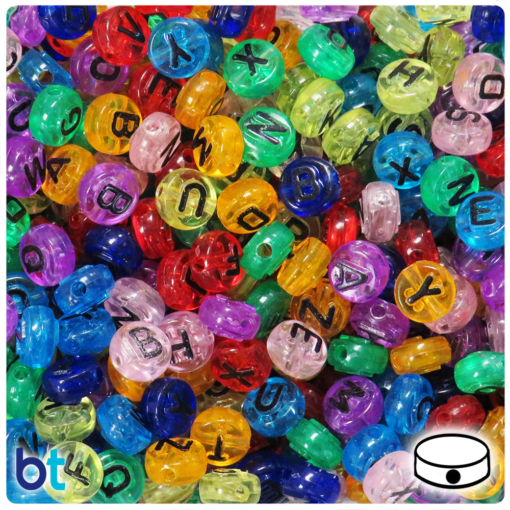Mixed Transparent 10mm Coin Alpha Beads - Black Letter Mix (144pcs)