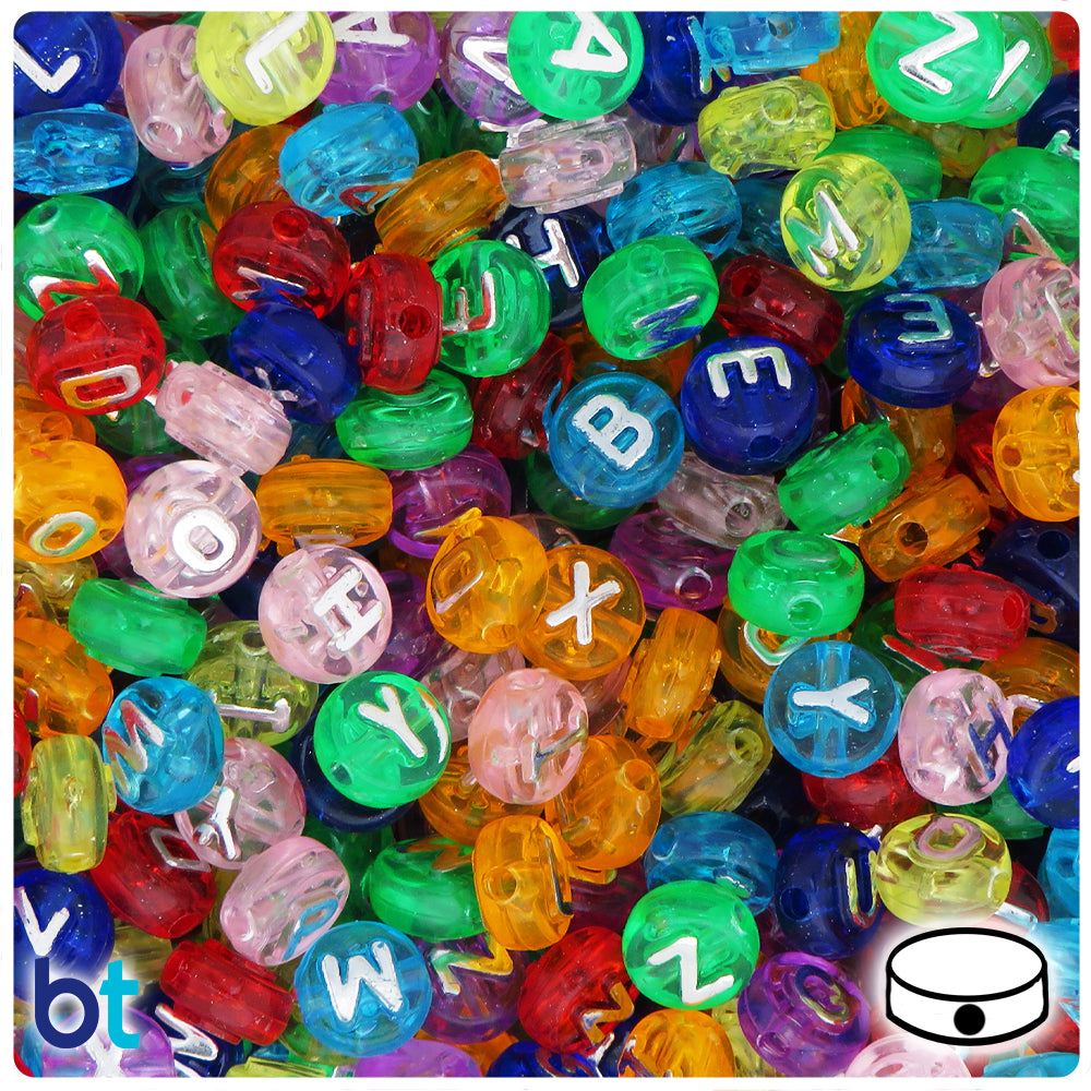 Mixed Transparent 10mm Coin Alpha Beads - Silver Letter Mix (144pcs)