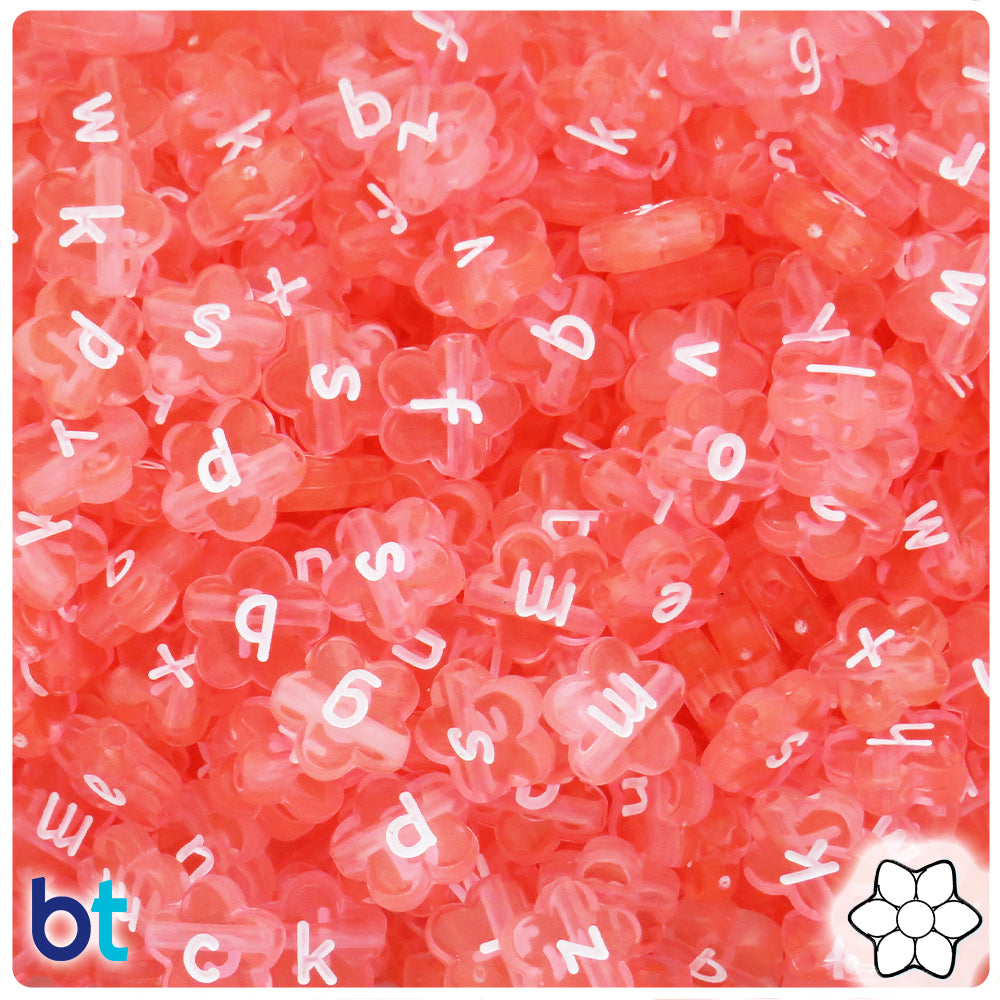 Pink Transparent 11mm Flower Alpha Beads - White Letter Mix (120pcs)