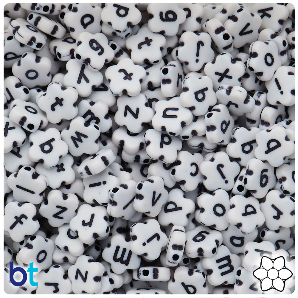 White Opaque 10mm Flower Alpha Beads - Black Letter Mix (150pcs)