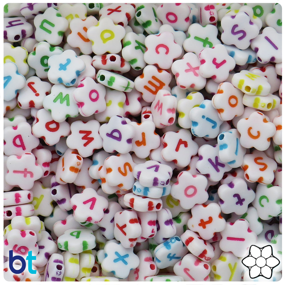 White Opaque 10mm Flower Alpha Beads - Colored Letter Mix (150pcs)