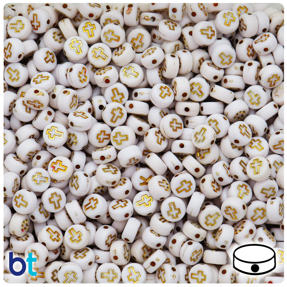 White Opaque 7mm Coin Alpha Beads - Gold Crosses (250pcs)