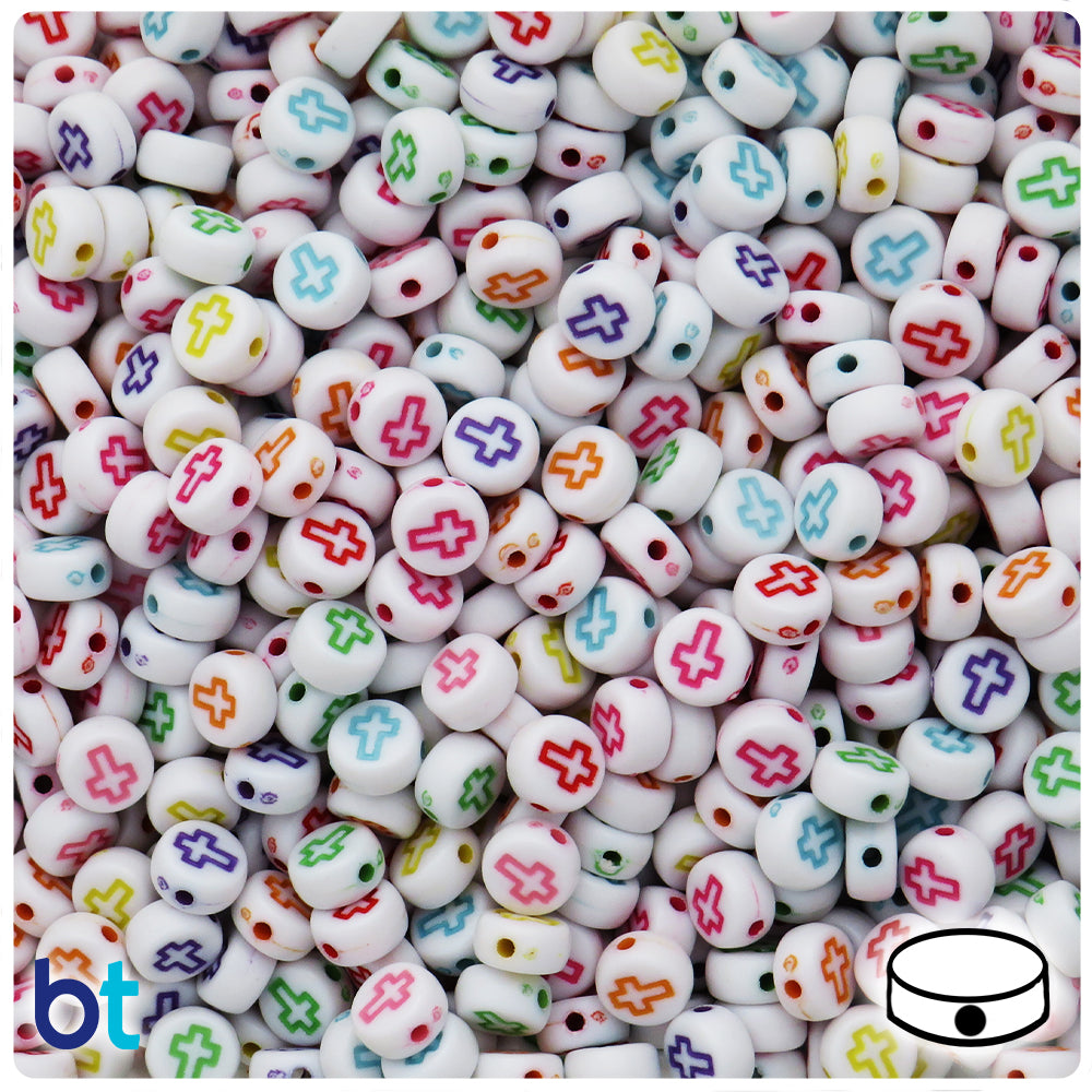 White Opaque 7mm Coin Alpha Beads - Colored Crosses (250pcs)